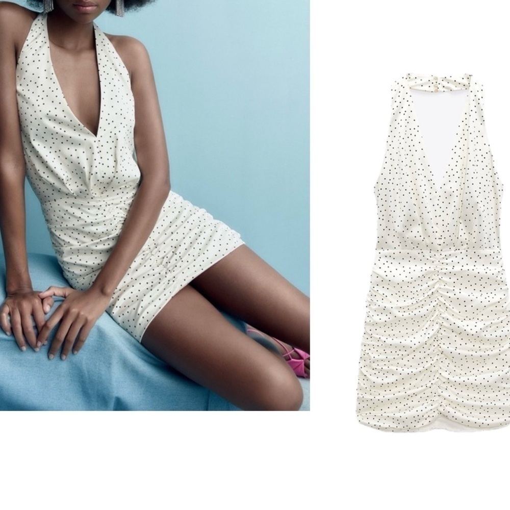 NEW Zara Satin Draped Black & White Polka Dot Halter Dress with Ruched Bottom
